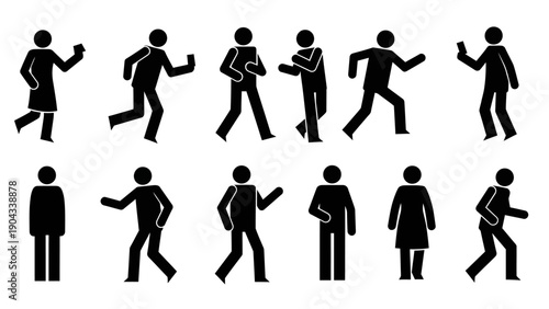 Black silhouettes of people in various dynamic poses and actions