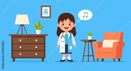 Cheerful cartoon doctor in a room with furniture and plants