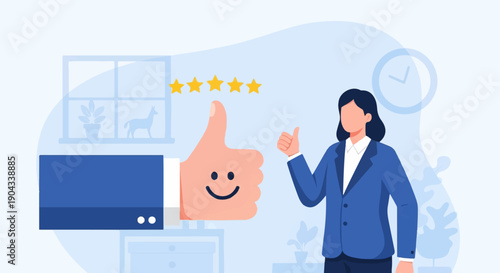 Cartoon illustration of a businesswoman giving a thumbs up near a rating