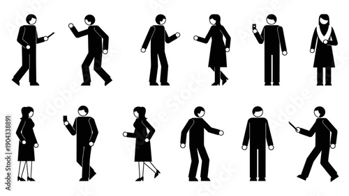 Stick figure people in various poses holding phones and gesturing