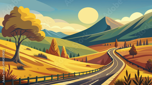 Golden sunset over winding mountain road amidst autumnal foliage and rolling hills Vector