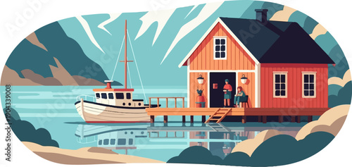 Coastal cabin with boat docked by lake, mountains reflect on water