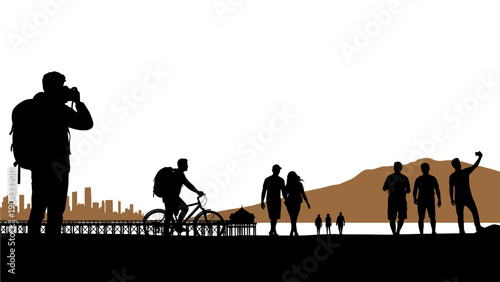 Silhouette of travelers enjoying a scenic sunset view with city backdrop