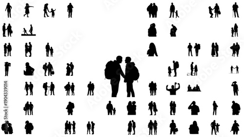 Collection of silhouettes depicting people and scenic sunset backgrounds
