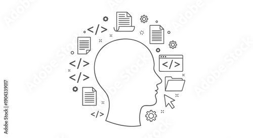 Vector illustration of human head surrounded by coding symbols and computer icons, for website or app development concept, isolated on transparent background, png