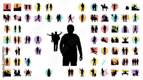 Collection of diverse black silhouettes depicting various human poses and activities
