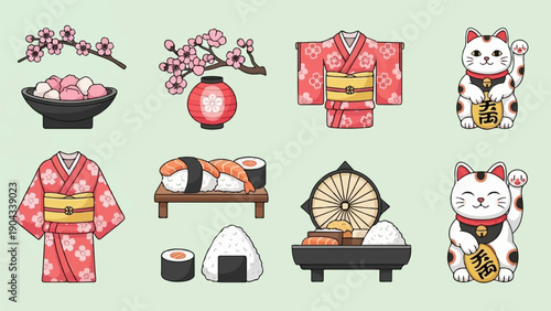 Cherry blossoms, kimono, sushi, lantern, and lucky cats
