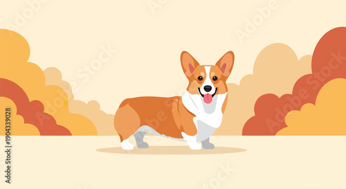 Cheerful corgi with tongue out, surrounded by stylized autumn foliage