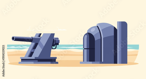 Coastal defense structures on a beach with ocean backdrop