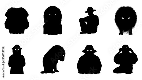 Silhouettes of mysterious figures and creatures against a white background