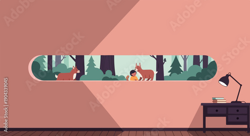 Child and dog observe forest scene through window. Desk with lamp