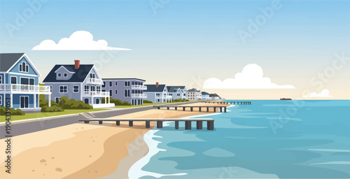 Coastal homes line sandy beach with piers jutting into calm blue ocean