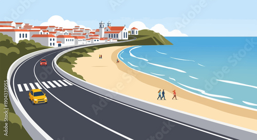 Coastal road winds past beach town with ocean waves