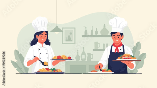 Chefs plating food in a bright, stylized kitchen environment