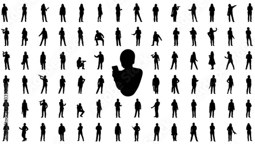 A dense crowd of black silhouettes depicting various human poses and actions