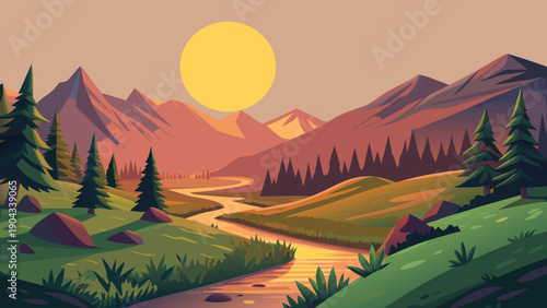 Serene sunrise over misty mountain valleys and peaceful river Vector