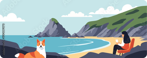 Coastal scene with a person using a phone and a dog near the sea