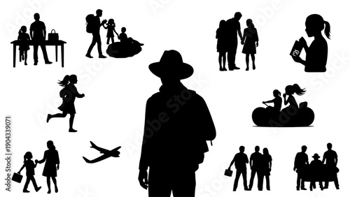 Collection of black silhouettes depicting people and travel scenes