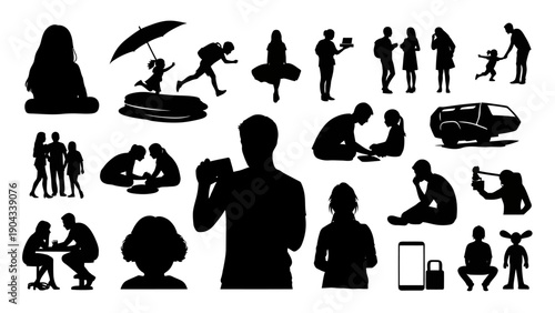 Collection of black silhouettes depicting various people objects and activities