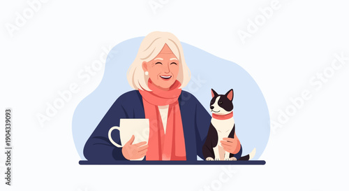 Cheerful elderly woman enjoys a beverage with her beloved cat