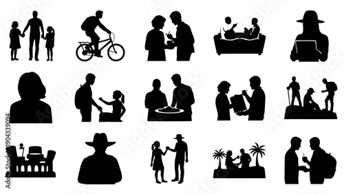 Collection of diverse black silhouettes depicting people and leisure activities