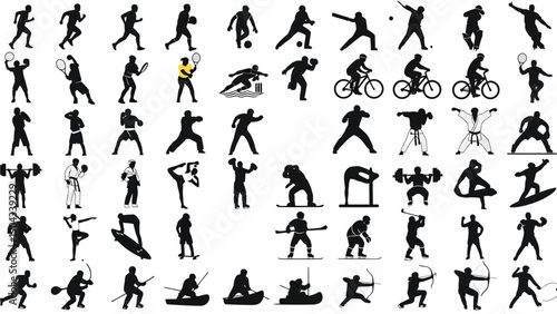 Collection of black silhouettes depicting various human activities and sports