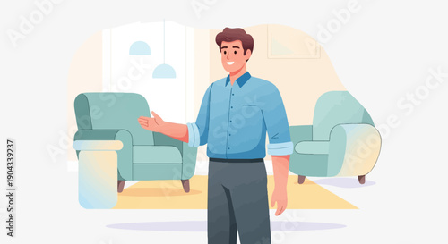 Cheerful man in a blue shirt gestures welcome in a cozy room