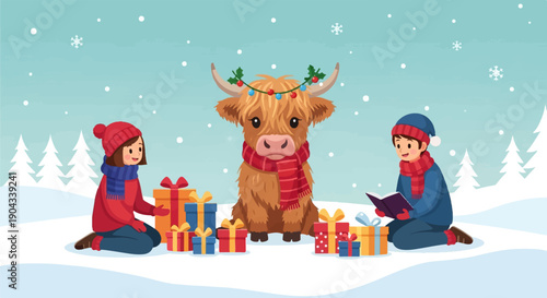 Children and cow celebrate winter holidays with gifts and carols in snow