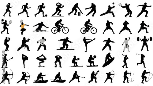 Collection of black silhouettes depicting various athletic and recreational activities