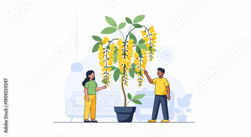 Couple admire a blooming yellow tree indoors near a sofa and clock