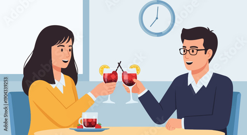 Couple clinking glasses with drinks and fruit, a clock on the wall