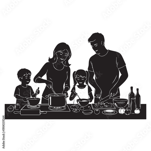 Smiling Family Cooking Together: Parents and Kids Preparing Food in Kitchen with Pots and Vegetables