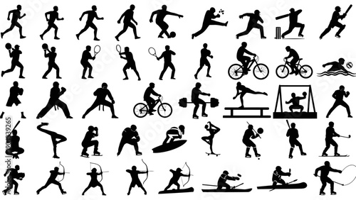 Silhouettes of various athletes participating in diverse sporting activities