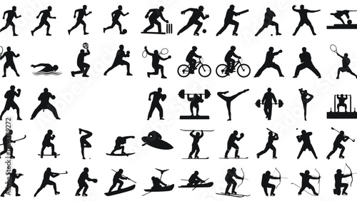 A collection of black silhouette figures depicting various athletic activities
