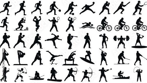 Collection of diverse silhouettes depicting various athletic and recreational activities
