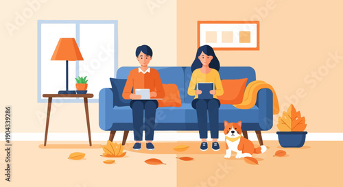 Couple and cat relax indoors with autumn leaves, using tablets