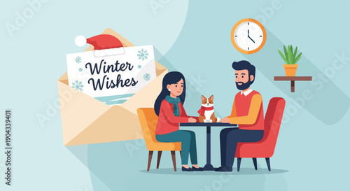Couple and dog at table with winter wishes card and clock