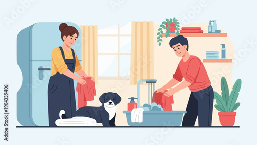 Couple and dog doing laundry indoors