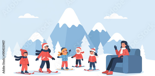Children ski while an adult watches from an armchair in snowy mountains