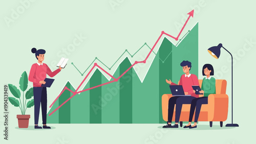 Colleagues analyze upward trends on charts, discuss data, and use technology