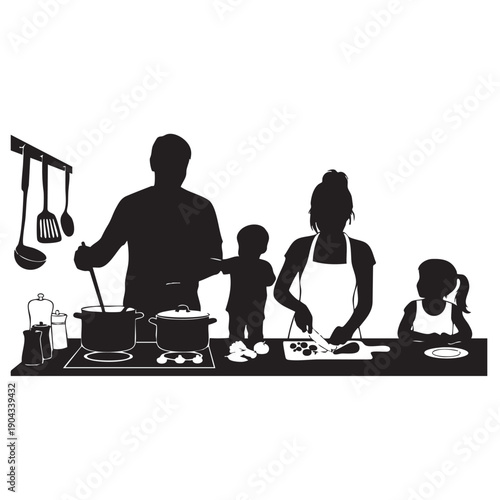 Family Kitchen Scene Silhouette: Dad Stirring Pot, Mom Chopping, Son Watching, Daughter Eating