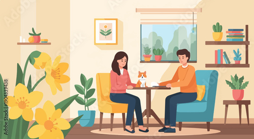 Couple and dog enjoy time indoors with flowers and plants visible