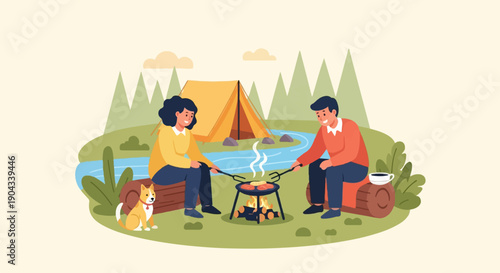 Couple and dog enjoying a campfire meal by a stream with a tent
