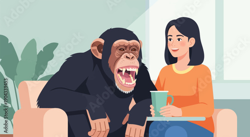 Chimpanzee and woman relaxing together in a room with plants