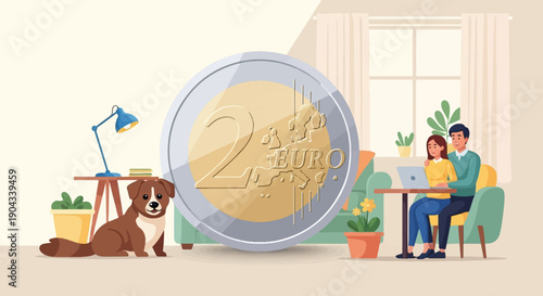 Couple and dog in a room with a large two euro coin