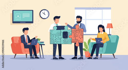 Colleagues assemble puzzle pieces representing technology and teamwork