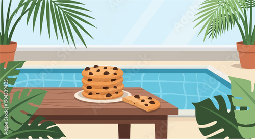 Chocolate chip cookies on a table beside a swimming pool with tropical plants