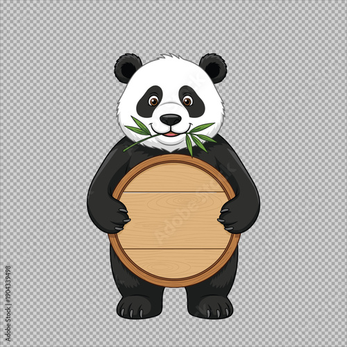Cartoon panda bear cheerfully holds a blank wooden sign presenting a welcoming and playful image