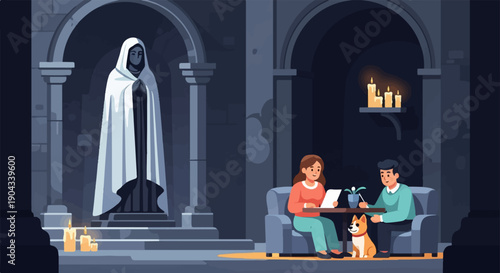 Couple and dog relax in softly lit ancient architecture