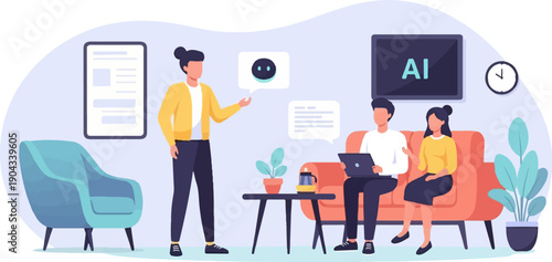 Colleagues collaborate on AI project in a modern office with plant decor